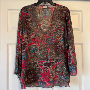 Women's Chico's 100% Silk Embellished Blouse, Size 2, Red & Brown Paisley